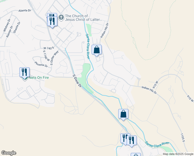 map of restaurants, bars, coffee shops, grocery stores, and more near 1165 West Indian Hills Drive in St. George