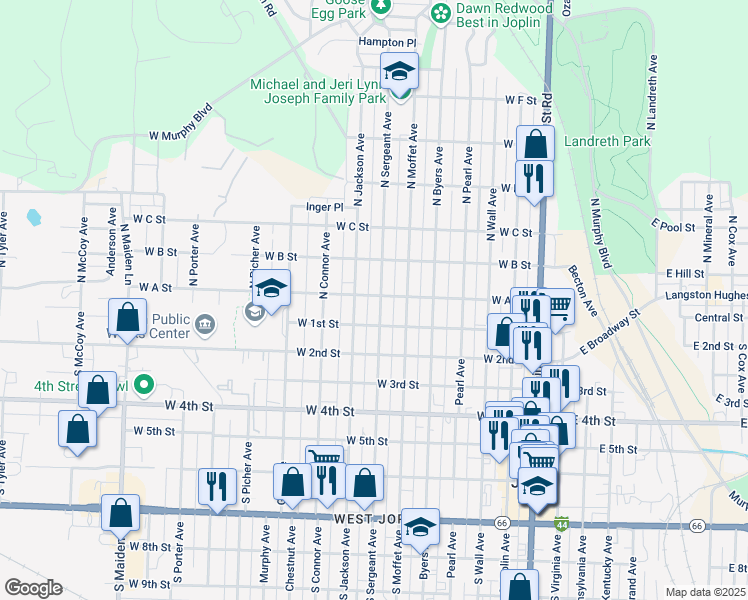map of restaurants, bars, coffee shops, grocery stores, and more near 201 North Jackson Avenue in Joplin