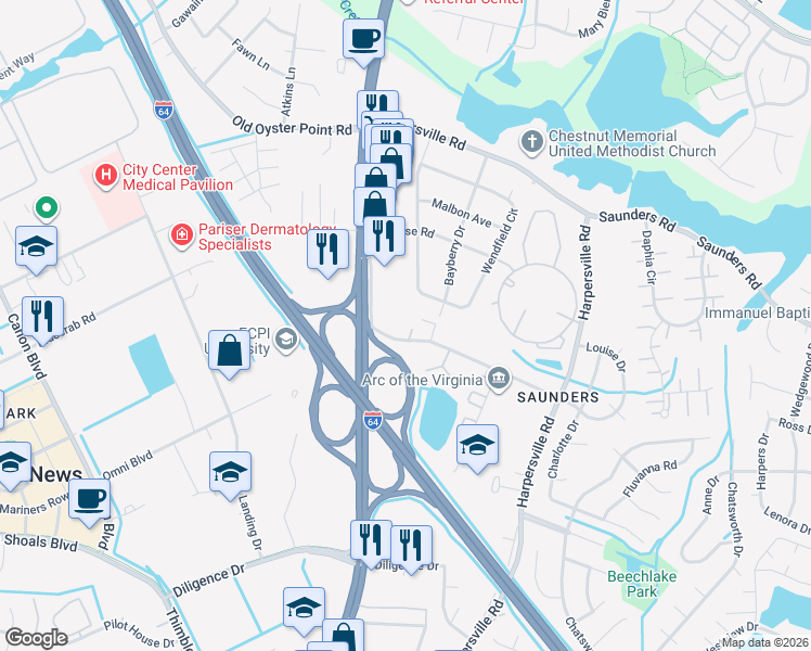 map of restaurants, bars, coffee shops, grocery stores, and more near 149 Louise Drive in Newport News