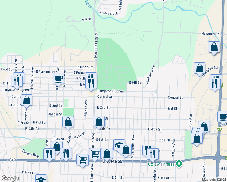map of restaurants, bars, coffee shops, grocery stores, and more near 1701 East Broadway Street in Joplin
