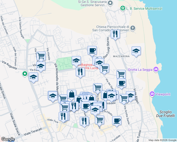 map of restaurants, bars, coffee shops, grocery stores, and more near 18 Via Francesco Accolla in Siracusa
