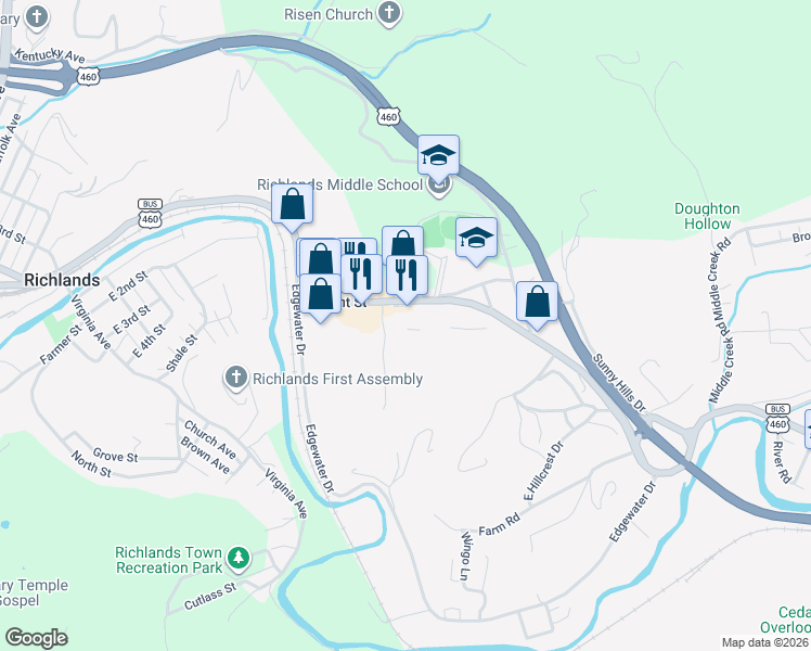 map of restaurants, bars, coffee shops, grocery stores, and more near 130 Gateway Drive in Richlands