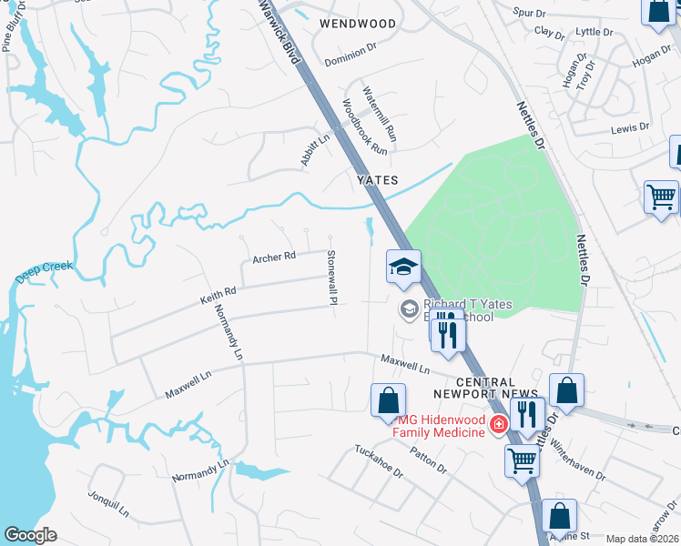 map of restaurants, bars, coffee shops, grocery stores, and more near 110 Stonewall Place in Newport News