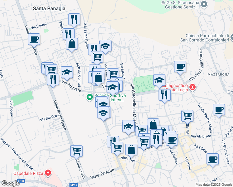 map of restaurants, bars, coffee shops, grocery stores, and more near 33 Via Europa in Siracusa