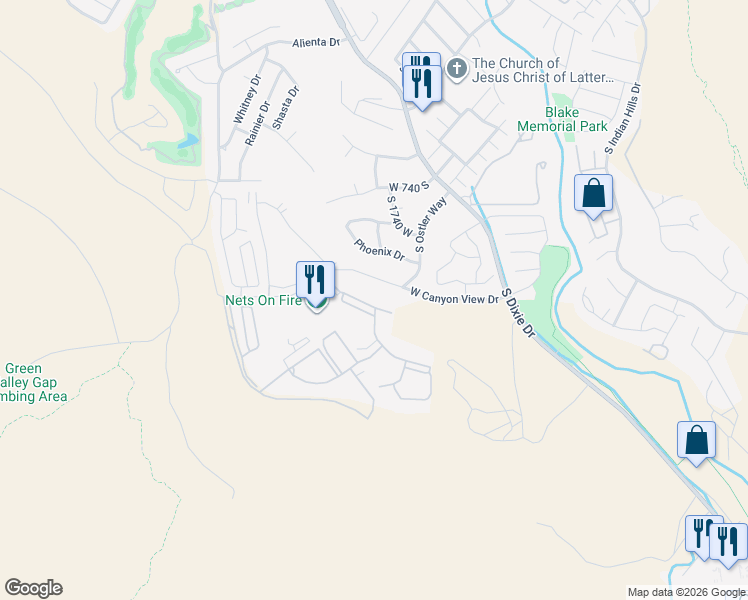 map of restaurants, bars, coffee shops, grocery stores, and more near 1845 West Canyon View Drive in St. George