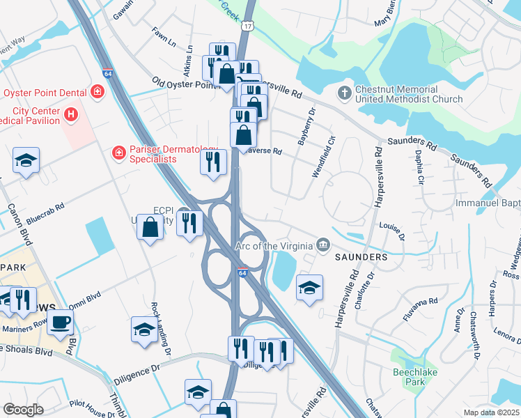 map of restaurants, bars, coffee shops, grocery stores, and more near 149 Louise Drive in Newport News