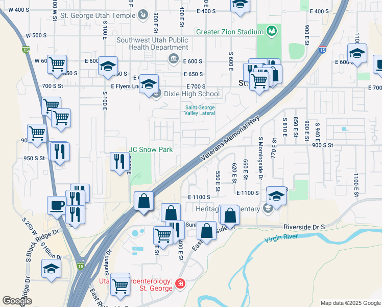 map of restaurants, bars, coffee shops, grocery stores, and more near 400 East 900 South in St. George