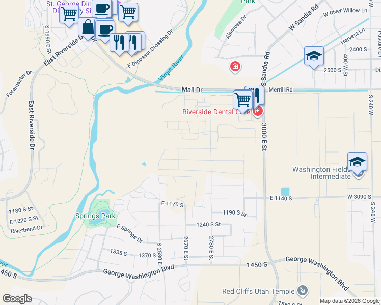 map of restaurants, bars, coffee shops, grocery stores, and more near 2702 East Rosedale Drive in St. George
