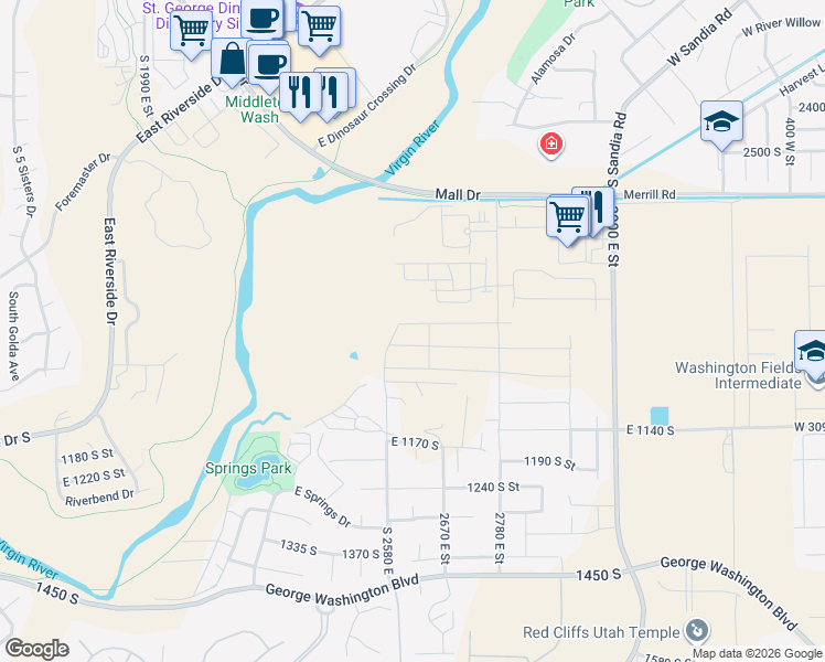 map of restaurants, bars, coffee shops, grocery stores, and more near in St. George