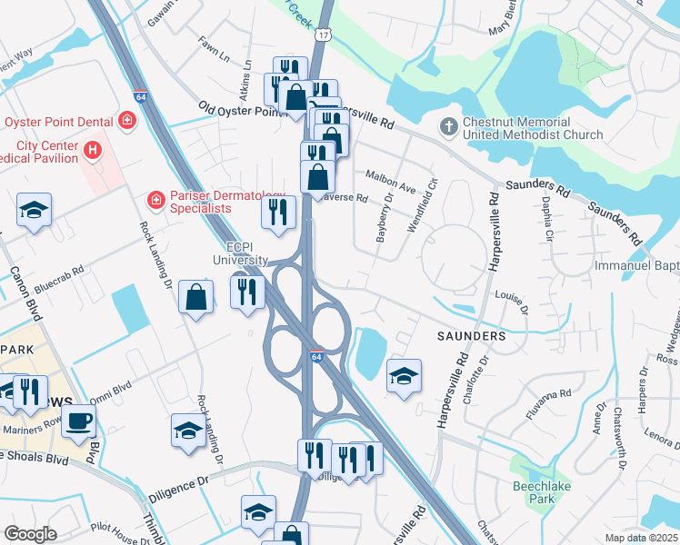 map of restaurants, bars, coffee shops, grocery stores, and more near 149 Louise Drive in Newport News