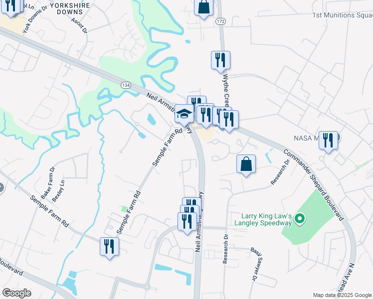 map of restaurants, bars, coffee shops, grocery stores, and more near 23 Semple Farm Road in Hampton