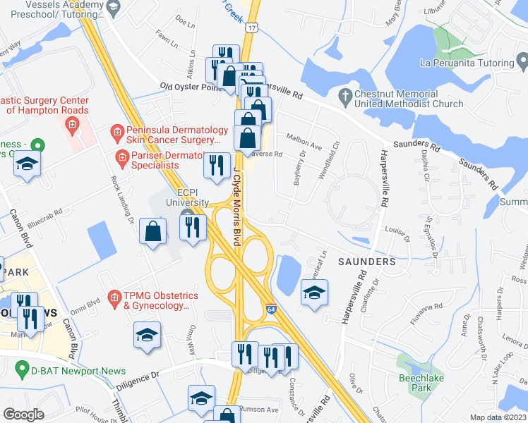 map of restaurants, bars, coffee shops, grocery stores, and more near 145 Louise Drive in Newport News
