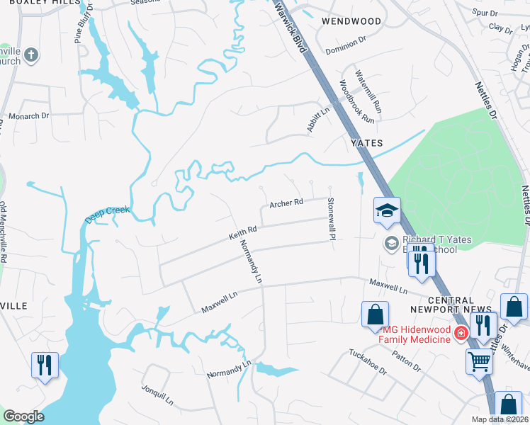 map of restaurants, bars, coffee shops, grocery stores, and more near 131 Archer Road in Newport News