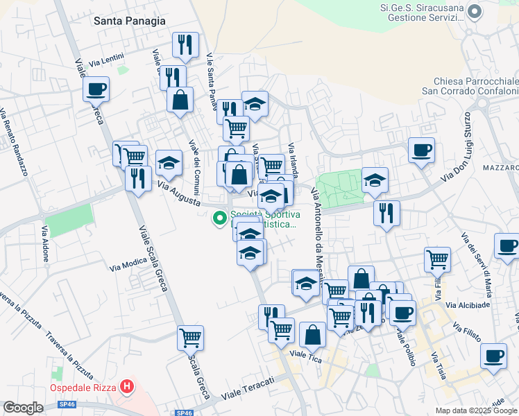 map of restaurants, bars, coffee shops, grocery stores, and more near 15 Via Unione Sovietica in Siracusa