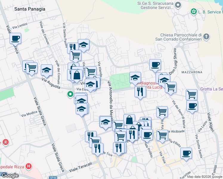 map of restaurants, bars, coffee shops, grocery stores, and more near 878 Via Antonello da Messina in Siracusa