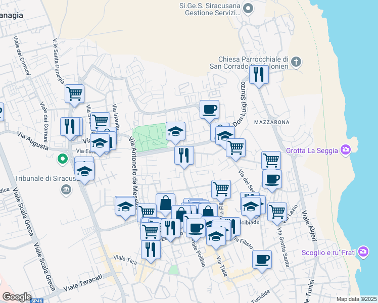 map of restaurants, bars, coffee shops, grocery stores, and more near 3 Via Francesco Accolla in Siracusa