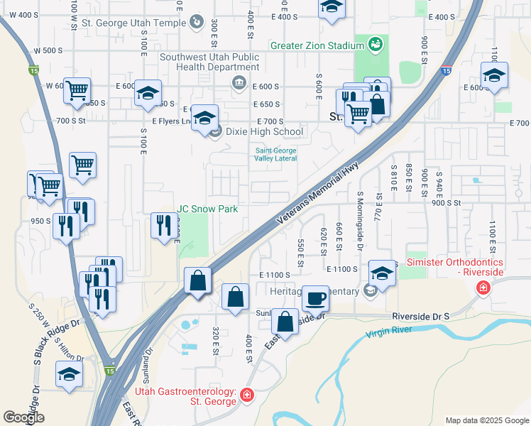 map of restaurants, bars, coffee shops, grocery stores, and more near 400 East 900 South in St. George