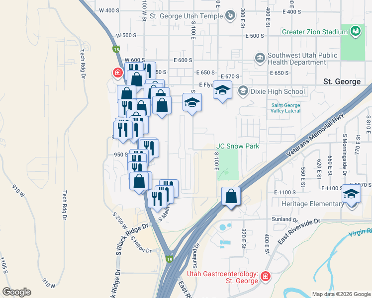 map of restaurants, bars, coffee shops, grocery stores, and more near 898 South 100 East in St. George
