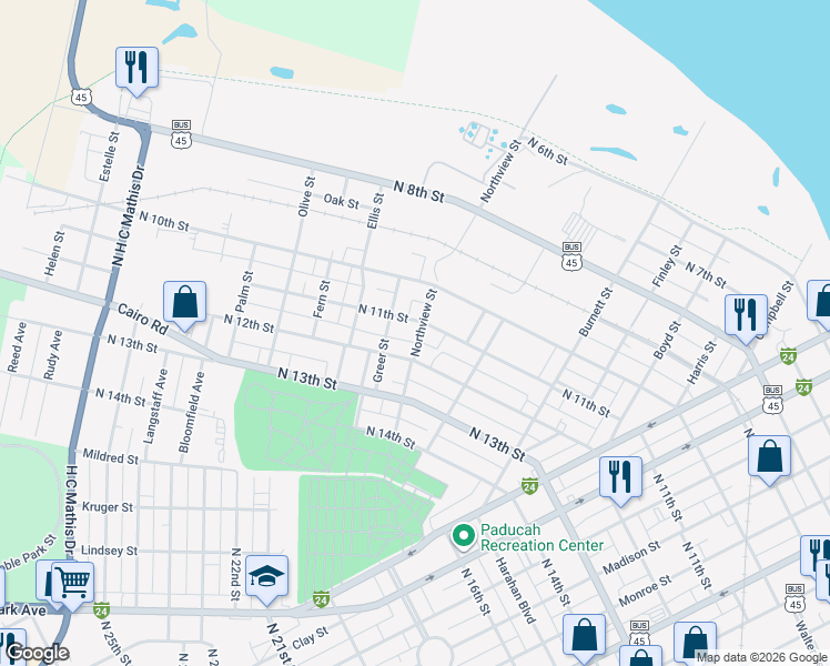 map of restaurants, bars, coffee shops, grocery stores, and more near 1101-1157 Northview St in Paducah