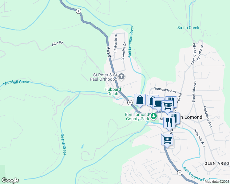 map of restaurants, bars, coffee shops, grocery stores, and more near 9969 Alba Road in Ben Lomond