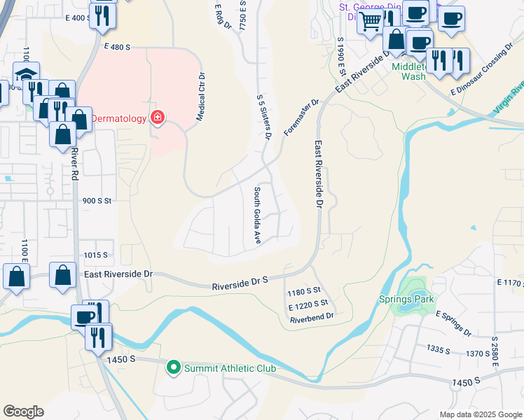 map of restaurants, bars, coffee shops, grocery stores, and more near 943 South Golda Drive in St. George