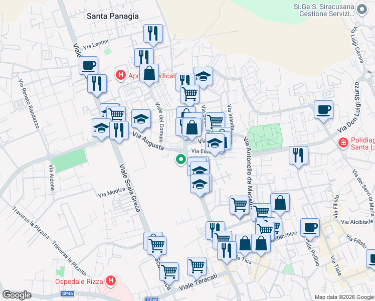 map of restaurants, bars, coffee shops, grocery stores, and more near 23 Via Augusta in Siracusa