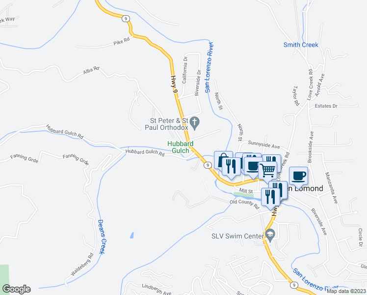 map of restaurants, bars, coffee shops, grocery stores, and more near 9969 Alba Road in Ben Lomond