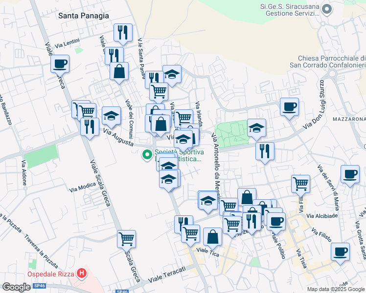 map of restaurants, bars, coffee shops, grocery stores, and more near 33 Via Europa in Siracusa