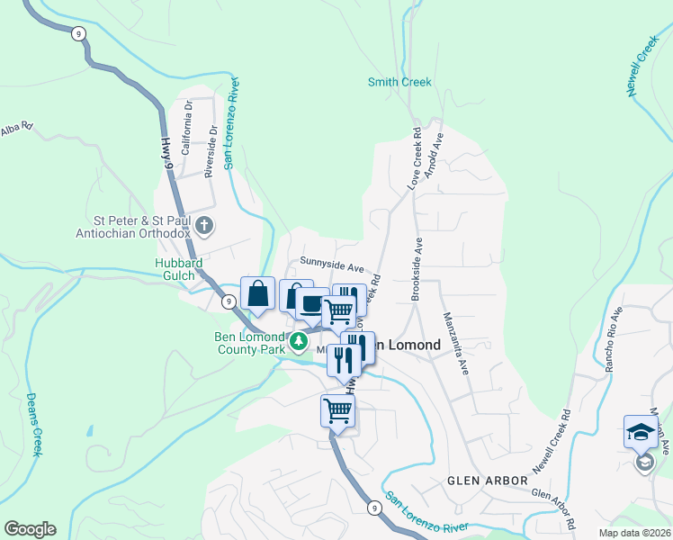 map of restaurants, bars, coffee shops, grocery stores, and more near 280 Main Street in Ben Lomond