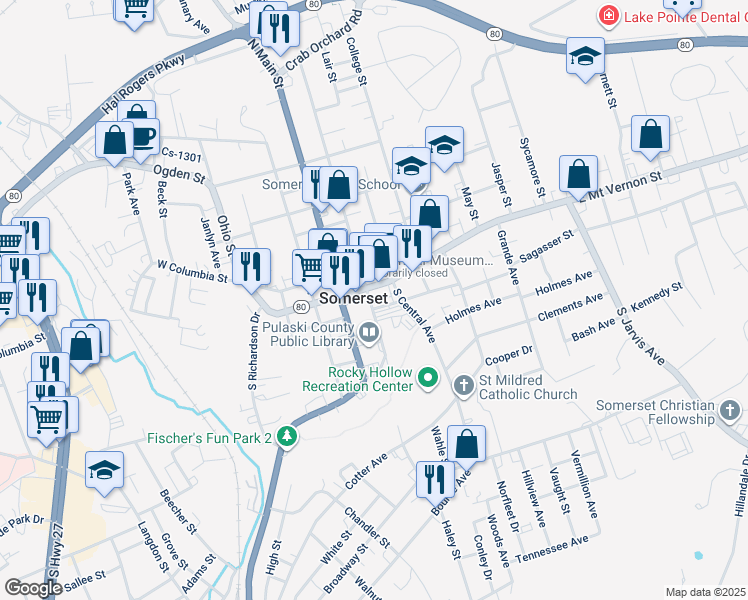 map of restaurants, bars, coffee shops, grocery stores, and more near 121 South Maple Street in Somerset