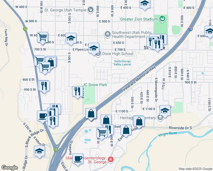 map of restaurants, bars, coffee shops, grocery stores, and more near 950 South 400 East in St. George