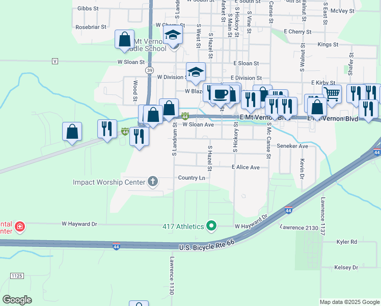 map of restaurants, bars, coffee shops, grocery stores, and more near 304 West Olive Street in Mount Vernon