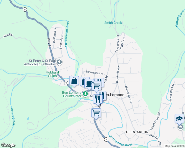 map of restaurants, bars, coffee shops, grocery stores, and more near 280 Main Street in Ben Lomond