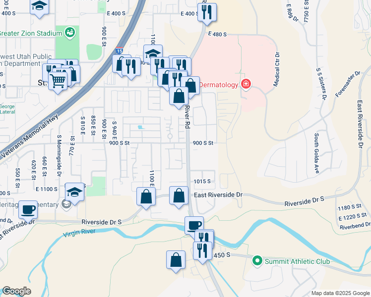 map of restaurants, bars, coffee shops, grocery stores, and more near 1186 E 900 South in St. George