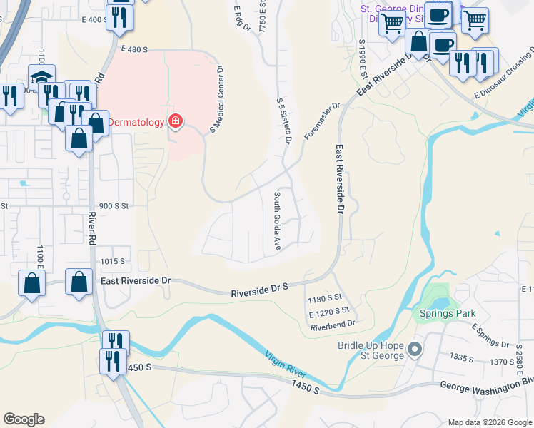 map of restaurants, bars, coffee shops, grocery stores, and more near 945 South 1740 East in St. George