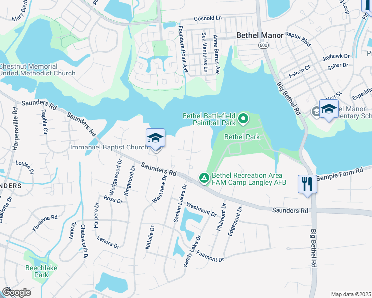 map of restaurants, bars, coffee shops, grocery stores, and more near 32 Betz Lane in Hampton
