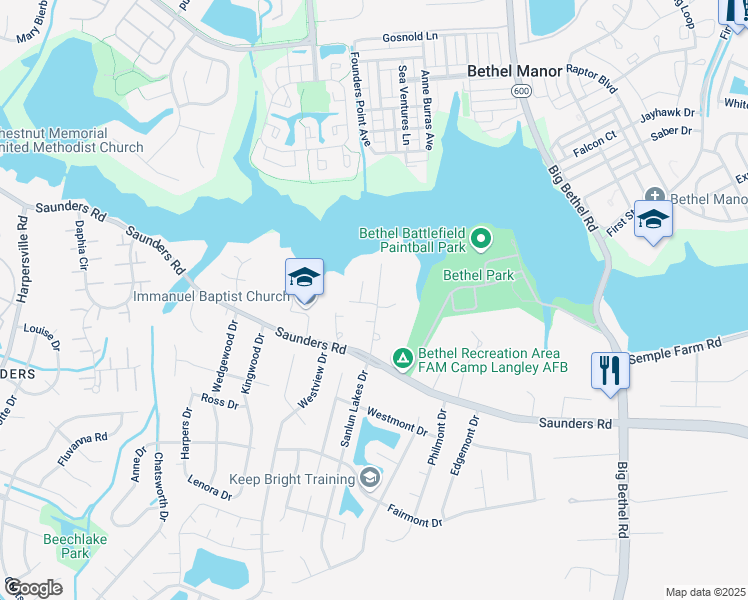 map of restaurants, bars, coffee shops, grocery stores, and more near 32 Betz Lane in Hampton