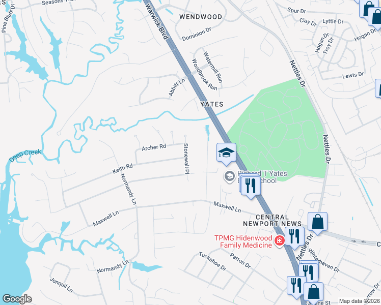 map of restaurants, bars, coffee shops, grocery stores, and more near 110 Stonewall Place in Newport News