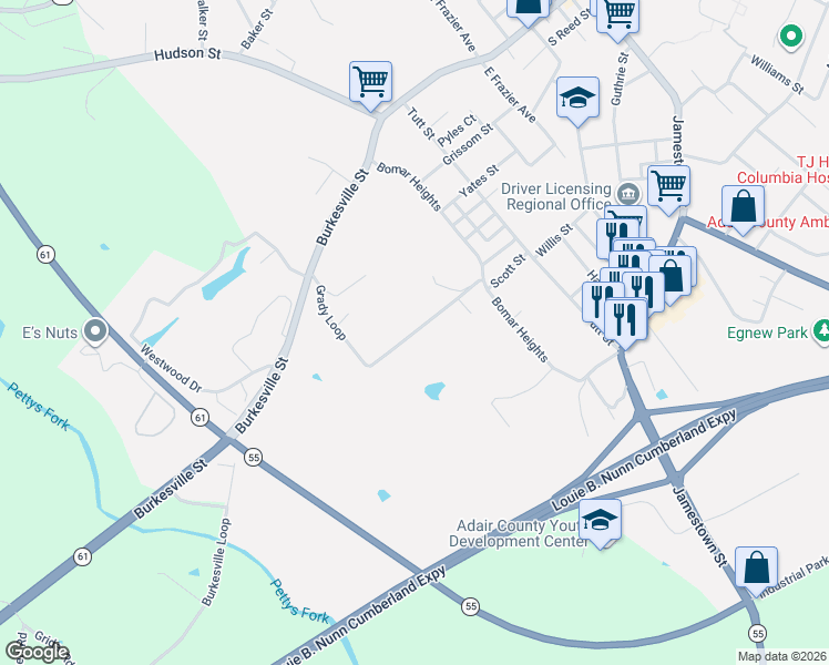 map of restaurants, bars, coffee shops, grocery stores, and more near Grady Lane in Columbia