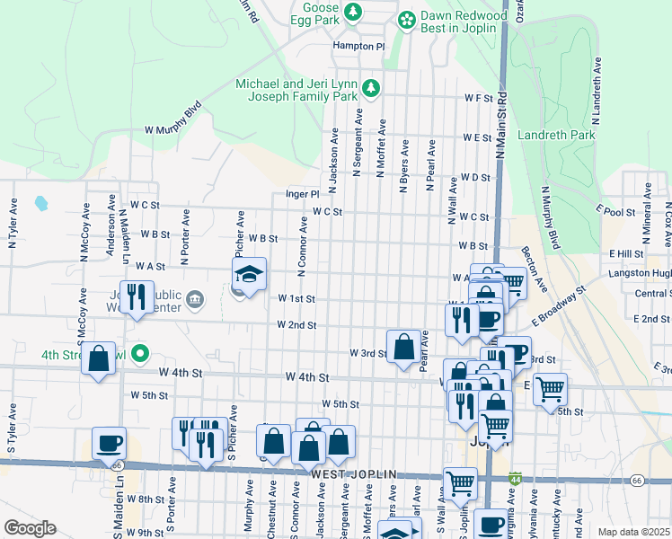 map of restaurants, bars, coffee shops, grocery stores, and more near 201 N Jackson Ave in Joplin