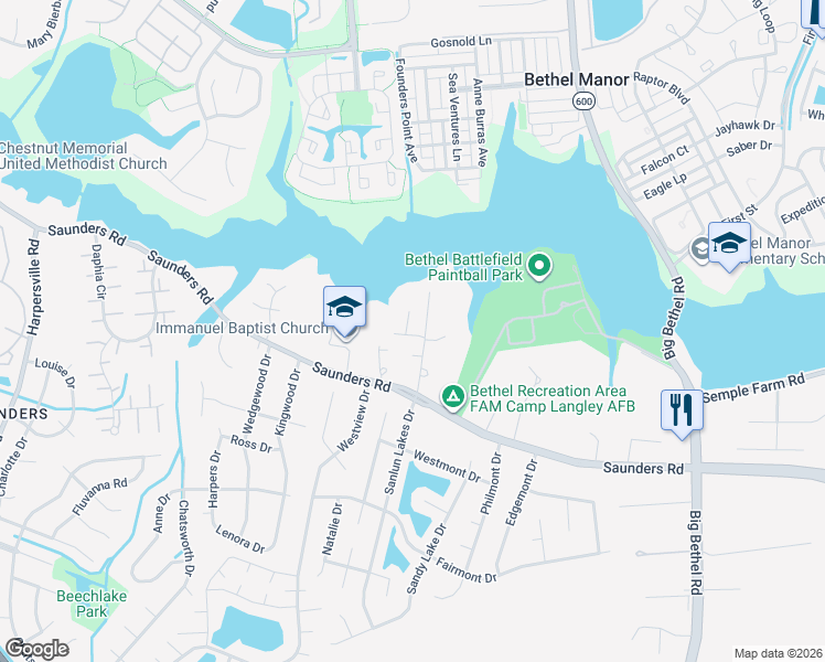 map of restaurants, bars, coffee shops, grocery stores, and more near 32 Betz Lane in Hampton