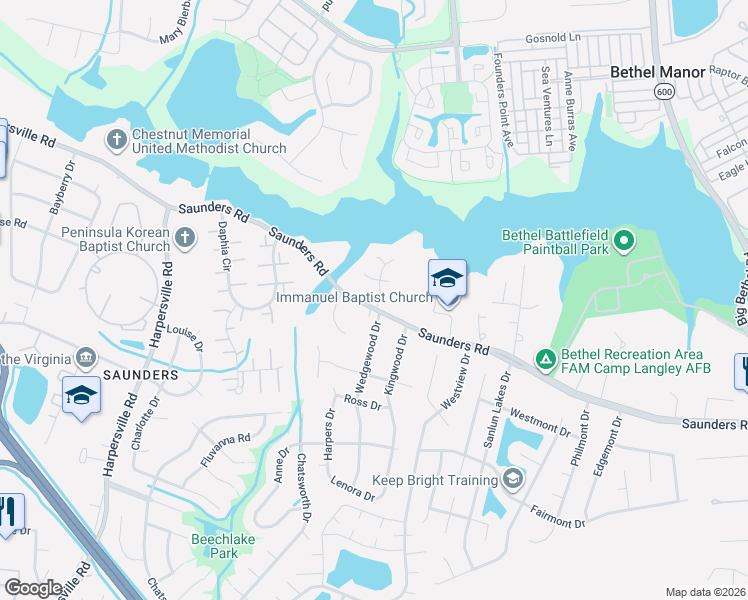 map of restaurants, bars, coffee shops, grocery stores, and more near 3 Wedgewood Drive North in Newport News