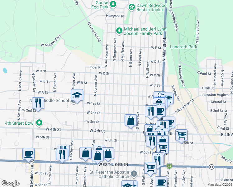 map of restaurants, bars, coffee shops, grocery stores, and more near 611 West A Street in Joplin