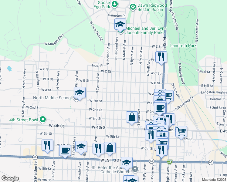 map of restaurants, bars, coffee shops, grocery stores, and more near 611 West A Street in Joplin