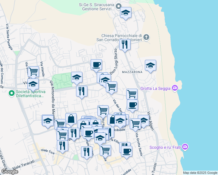 map of restaurants, bars, coffee shops, grocery stores, and more near 74 Via Francesco Accolla in Siracusa