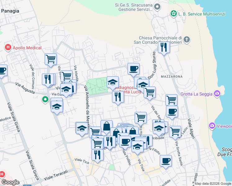 map of restaurants, bars, coffee shops, grocery stores, and more near 3 Via Francesco Accolla in Siracusa