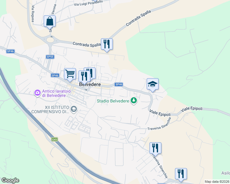 map of restaurants, bars, coffee shops, grocery stores, and more near Via Siracusa in Belvedere