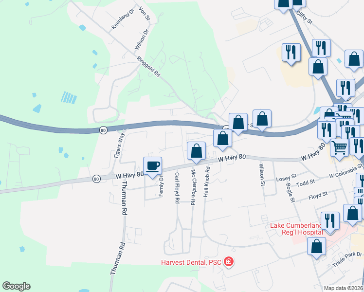 map of restaurants, bars, coffee shops, grocery stores, and more near Bluegrass Road in Somerset