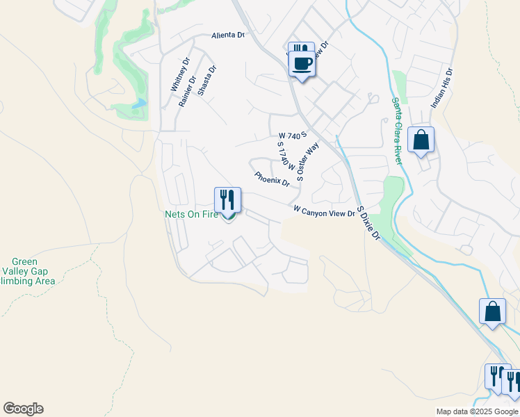 map of restaurants, bars, coffee shops, grocery stores, and more near 1793 West Canyon View Drive in St. George