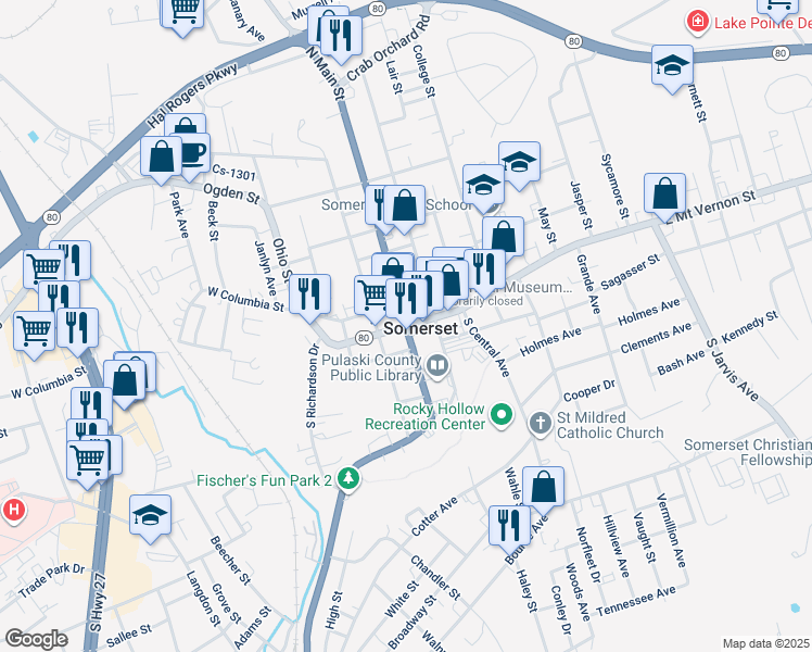 map of restaurants, bars, coffee shops, grocery stores, and more near South Main Street & North Main Street in Somerset